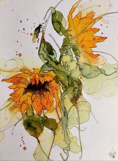 watercolor painting of sunflowers with green leaves