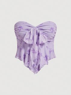 Women's Floral Print Knotted Front Bandeau Boho Top Mauve Purple Boho  Sleeveless Knitted Fabric Floral,Plants,All Over Print  Medium Stretch  Women Clothing, size features are:Bust: ,Length: ,Sleeve Length: Girly Tops, Purple Floral Top, Dream Clothes, Boho Tops, Cute Tops, Cute Shirts