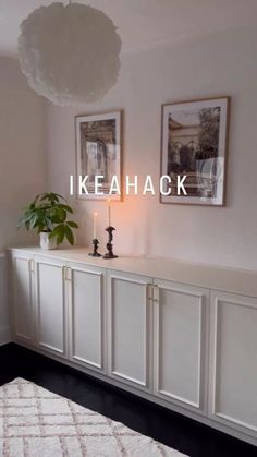 a room with white furniture and pictures on the wall above it that says ikea hack