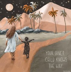 two children are walking down a path with palm trees in the background and a quote written on it