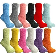 WOMEN'S FUZZY SOCKS: Every pack includes 6 or 12 pairs of soft and comfortable fuzzy socks for women. These socks are perfect during the fall and winter seasons. BULK VALUE: Cold floors have met their match with bulk packs of winter fuzzy socks. Never run out of socks again when you buy a variety pack. Bring them when you go skiing or snowboarding to keep your feet nice and warm. Size: 9-11.  Color: Multicolor.  Gender: female.  Age Group: adult.  Pattern: solid. Cold Weather Socks, Cabin Socks, Winter Comfort, Women Crew Socks, Comfortable Socks, Fuzzy Socks, Cozy Socks, Winter Socks, Warm Socks