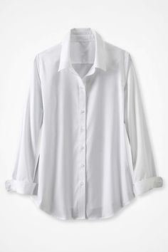 This button-down no-iron shirt is our bestselling favorite in wrinkle-free cotton, perfectly versatile for tucking, layering or wearing solo. Reinforced placket, curved hem. Imported. | Women's Long-Sleeve No-Iron Shirt Top - White - 8 Weekend Sweater, Iron Shirt, Boyfriend Shirt, White Shirts, Petite Size, White Long Sleeve, Shirt Top, Vintage Tops