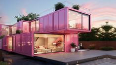 a pink container home is shown in the evening