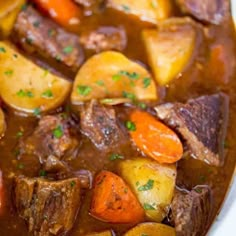 beef stew with carrots, potatoes and parsley in a white bowl