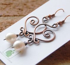 Copper+Wire+Wrapped+Jewelry | Small. Oxidized. Copper. Celtic. Heart. Pearl. Earrings Heart Pearl Earrings, Celtic Heart, Celtic Earrings, Oxidized Copper