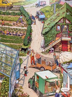 a painting of people and vehicles on a dirt road in front of a green roofed building