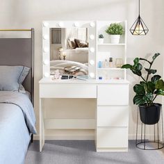 White No Power Strip Small Makeup Table Ideas Bedrooms, Vanity Table In Bedroom Small Spaces, Ikea Makeup Table, White Makeup Desk, Ikea Dressing Table, Makeup Vanity With Lights, Vanity With Lights, Comfy Room, White Dressing Table