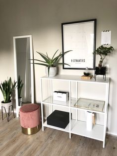 a white shelf with some plants on top of it and a pink ottoman in front of it