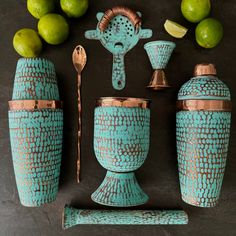 Mexican Handmade Copper 7-Piece Barware & Bar Tools Set- Emerald Set CoLores Decor l Mexican Artisan Decor Bar Condiments, Bar Styling Ideas, Mexican Bar, Mixology Bar, Artisan Decor, Tequila Bar, Redecorating Ideas, Emerald Set, Bar Tool Set