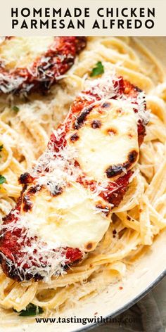 chicken parmesan alfredo on a plate with text overlay