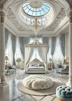 an elegant bedroom is shown in white and blue