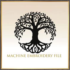 the machine embroidery file logo is shown in gold and black, with a tree on it