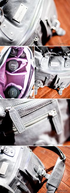 four pictures of the inside of a purse with multiple zippers and straps on it