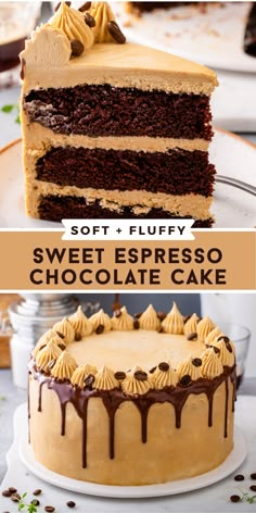 two different types of chocolate cake with frosting on top and the words soft + fluffy sweet espresso chocolate cake