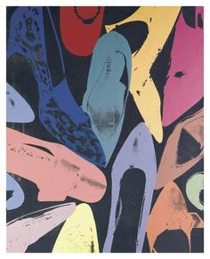 an abstract painting with colorful shoes on it's black background and the bottom part of each shoe is painted in different colors