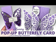 the pop up butterfly card is being held in someone's hand with purple paper