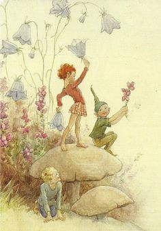 two children are on top of a rock with flowers and butterflies in the sky above them