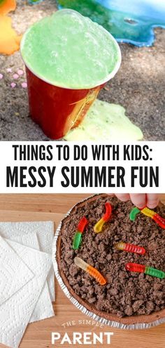 an ice cream sundae is shown with the words, things to do with kids messy summer fun