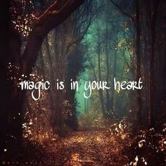 the words magic is in your heart on a path through a forest with trees and leaves