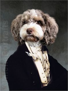 a dog wearing a suit and tie with his head turned to look like he is in an old fashion