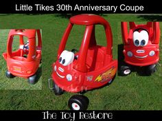 three little tikes 30th anniversary coupe toys on the grass with caption that reads, little tikes 30th anniversary coupe