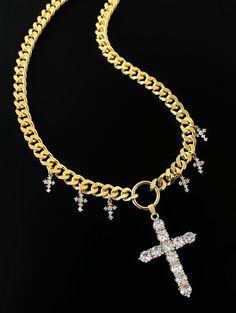 cross necklace, gold jewelry, pendant necklace, cross pendant, statement jewelry, gold necklace, gifts for her, multi cross necklace, cz cross necklace, trendy jewelry, outfit ideas, style inspo, choker, chain necklace, mob wife, cute jewelry, trendy jewelry, jewelry stack, indie sleaze Cross Chain Necklace, Cross Chain, Trendy Street Style, Stacked Jewelry, Creating Jewelry, Unique Necklace, Gold Chain Necklace, Trendy Jewelry, Brass Chain