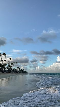 a beach with palm trees and waves coming in on the shore under a cloudy blue sky