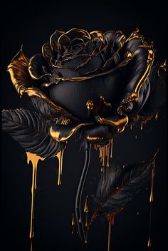 a black and gold rose with dripping paint