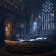 an image of a dark castle setting with sunlight coming through the windows and lighting on the floor