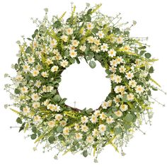 a wreath with white flowers and green leaves