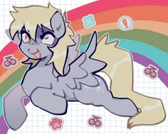 a drawing of a pony laying on its back in front of a rainbow and clouds