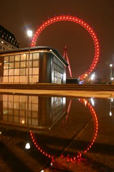 the ferris wheel is lit up at night with its reflection on the water's surface