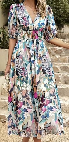 Bohemian Print Dress, Elegant Maxi Dress, Chiffon Fashion, Bohemian Print, V Neck Midi Dress, Sleeves Clothing, Midi Dress Casual, Weave Style, Floral Print Maxi Dress