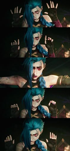 two different images of the same person with blue hair and green hair, one is holding his hands up