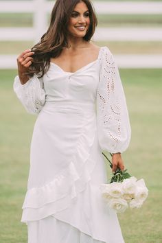 Make an effortless statement in this white Eyelet Sleeve Ruffled Maxi Dress! Featuring eyelet sleeves and ruffled detailing, as well as a smocked back and back zipper closure, this maxi dress is perfect for a formal event or an evening out. Look and feel your best in this timeless piece. 90% Cotton, 10% Ram Model is 5'4" with a 32" bust, 25" waist, and 38" hips and wearing a small, runs true to size Size Rec: 0-2:S, 4-6:M, 8-10:L size down if between sizes White Eyelet, White Maxi, Ruffled Maxi Dress, Trending Now, White Long Sleeve, Formal Event, Timeless Pieces, Ruffles, Ram