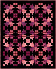 a black and pink quilt with an abstract design on the front, in shades of purple