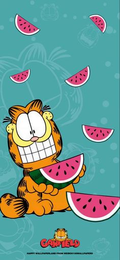 garfield the cat with watermelon slices in his mouth