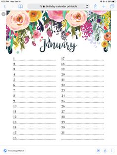 the printable birthday calendar is shown with flowers and leaves in blue, pink, yellow and green