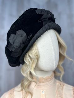 A rare piece indeed! Authentic c1910-1920s Edwardian Dress Hat. Inky Black Velvet Beret. Grosgrain ribbon trim and flowers. designed by: "Le Wharton Capeau" in France. *Please Note: listing is for hat only, Edwardian clothing is sold separately.  MEASUREMENTS: womens lrg  Crown 3" Diameter 12"  Opening 8.5" x 7.5"  Inner band/size 23.5"  CONDITION: pre owned antique condition. Heirloom Dry Cleaning is recommended.  NOTABLE ISSUES: some thinning within the velvet nap.  Refer to the last photo for up close notable details.. -please note that I cannot guarantee long-term durability should you decide to wear regularly. handle with care. Sold as is.   -refer to last photos for up close Details.  **Feel free to message me if you'd like additional photos or if you have further questions. Inventor Edwardian Hat, Edwardian Dress, Dress Hats, Colour Photograph, Vintage Fabric, Black Velvet, Grosgrain Ribbon, Caps Hats, Accessories Hats