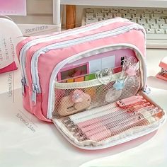 Girl School Supplies, Large Pencil Case, Pencil Case Pouch, Office Materials, Korean Stationery, Pencil Case Stationery, Cute Pens, Stationery Storage, Pencil Bag