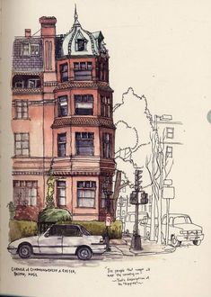 a drawing of a car parked in front of a building with a dome on top