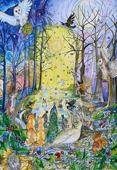 an artistic painting with animals and birds in the woods