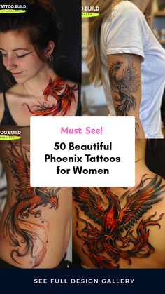 A collection of 50 beautiful Phoenix tattoos designed for women, showcasing stunning options for arm and back tattoos. These designs highlight themes of empowerment and transformation, using four crafted images for inspiration. Phoenix Arm Sleeve Tattoo, Phönix Tattoo Women, Phoenix Tattoo Design For Women, Elegant Back Tattoos, Simple Minimalist Tattoos, Phoenix And Flower Tattoo, Phoenix Tattoos For Women, Phoenix Tattoo Arm, Traditional Swallow Tattoo