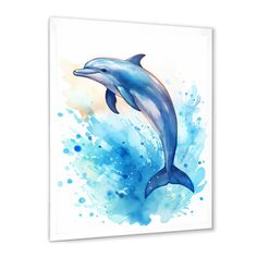 a watercolor painting of a dolphin jumping out of the ocean with splashes on it