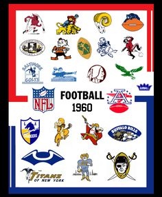 a poster with many different sports logos on it's back side, including the football logo