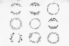 a collection of hand drawn wreaths with leaves and flowers on them, all in black and white