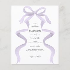 a wedding card with a purple ribbon on the front and bottom, featuring an elegant bow