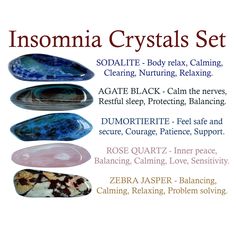 The insomnia crystal set includes 5 of the most powerful crystals for insomnia. This set includes: * 5 crystals - sodalite, black agate, dumortierite, rose quartz and zebra jasper. * Card with information about all crystals in the set. * Sturdy velvet bag for your stones. * Gift card (optional). * Everything is packed in an elegant box with a ribbon ready to be given as a gift. * Stones size 0,75''- 1'' or 2 - 2,5 cm. * How to use your crystals * You can keep your crystals wherever you wish, whe Best Healing Crystals, Crystal Healing Chart, Powerful Crystals, All Crystals, Magic Spell Book, Crystals Healing Properties, Zebra Jasper, Spiritual Crystals, Gemstone Meanings