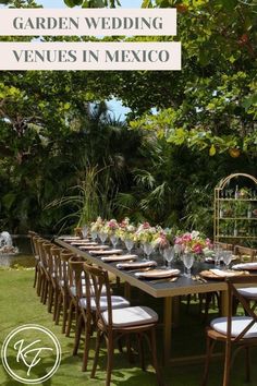 an outdoor table set up with plates and glasses on it for a garden wedding in mexico