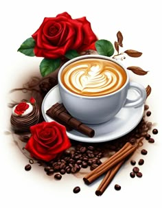 a cup of cappuccino with roses and cinnamons on the saucer